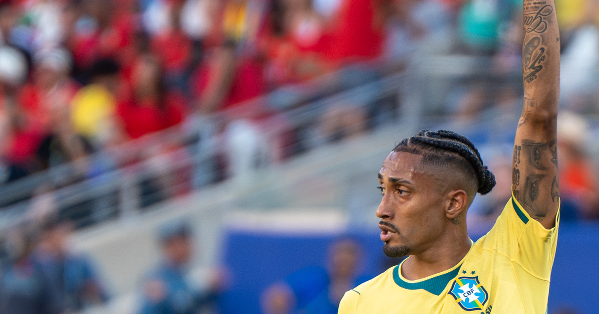 Raphinha salutes the Brazil crowd during the 2026 World Cup match against Morocco