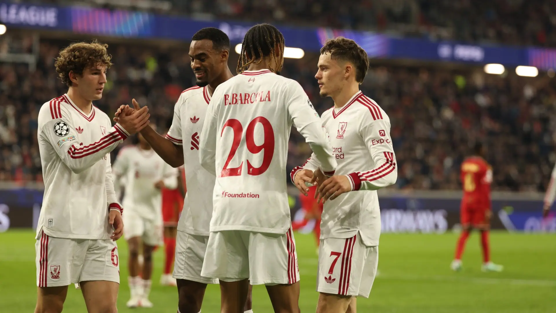 Liverpool players celebrate a goal during the win at LASK