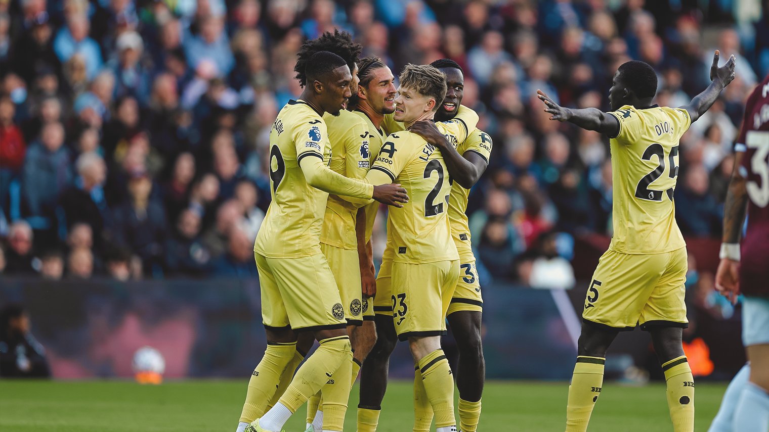 Villa 2-2 Brentford: Brentford players celebrate together on the pitch at Villa Park